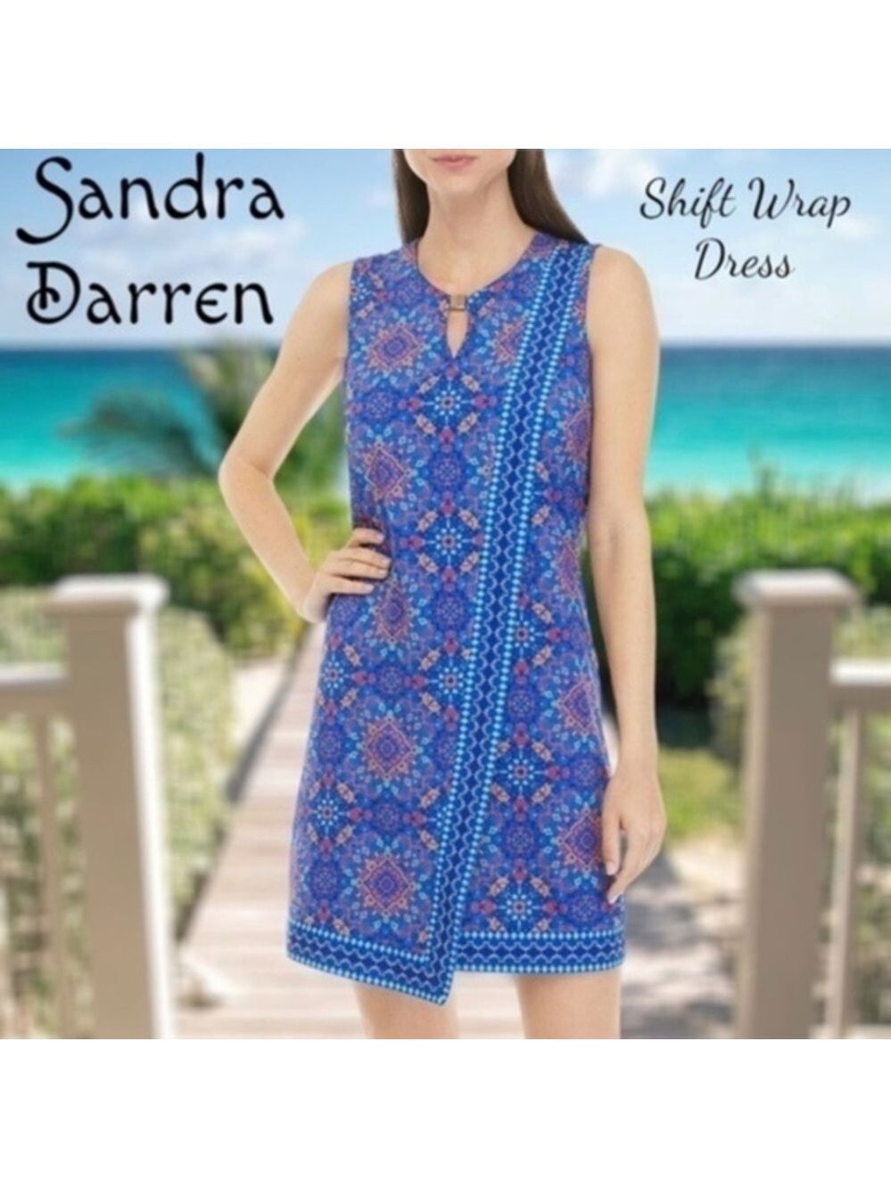 SANDRA DARREN Vibrantly Printed Sleeveless Faux Wrap Shift Dress/XL NWT